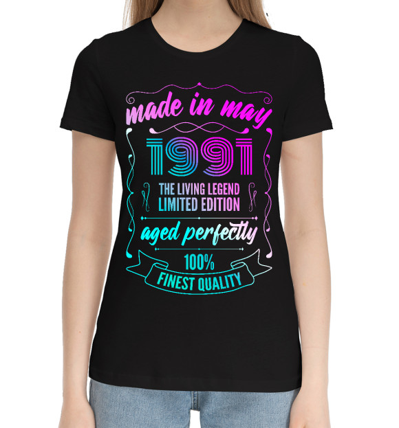 Женская хлопковая футболка с изображением Made In May 1991 Vintage Neon цвета Черный