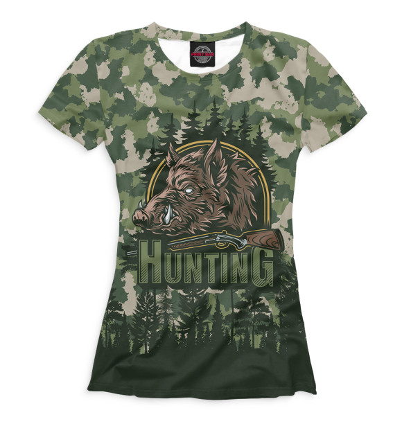 Женская футболка с изображением Hunting весенний камуфляж цвета Белый