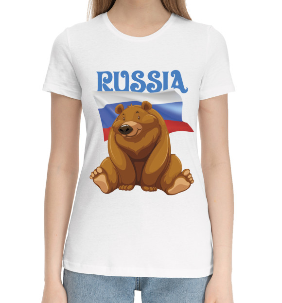 Женская хлопковая футболка с изображением Russia цвета Белый