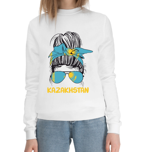 Женский хлопковый свитшот с изображением Kazakhstan Girl цвета Белый