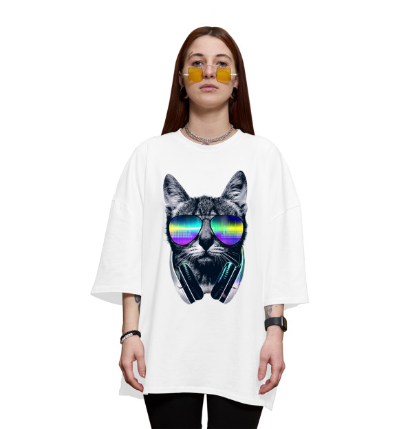 Женская футболка оверсайз с изображением Кот с наушниками цвета Белый