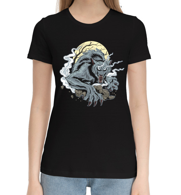 Женская хлопковая футболка с изображением Волк цвета Черный