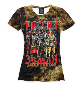 Женская футболка Россия земля воинов на черно-желтом фоне