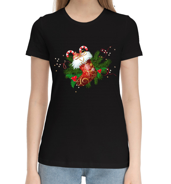 Женская хлопковая футболка с изображением Рождественский носок цвета Черный