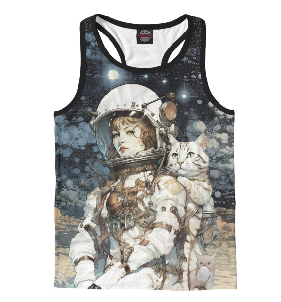 Мужская майка-борцовка с изображением Космонавт с белым полосатым котом цвета Белый