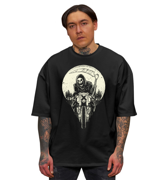 Мужская футболка оверсайз с изображением Скелет с косой цвета Черный