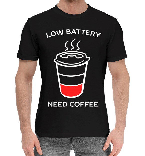 Мужская хлопковая футболка с изображением Низкий заряд - нужен кофе цвета Черный