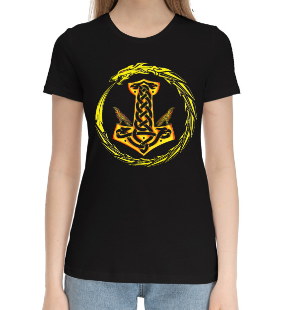Женская хлопковая футболка с изображением Символ Тора цвета Черный