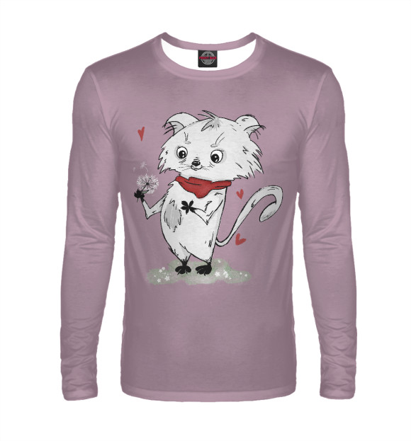 Мужской лонгслив с изображением Романтичный котик (розовый фон) цвета Белый