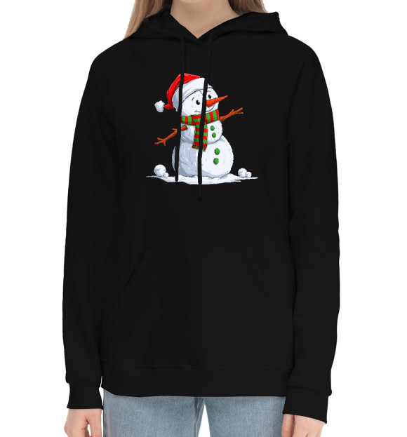Женский хлопковый худи с изображением Веселый Снеговик цвета Черный