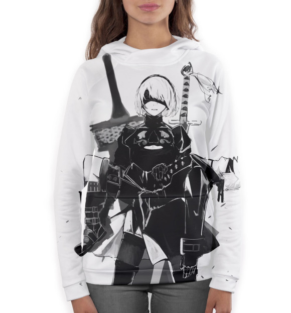 Женское худи с изображением Nier Automata black and white цвета Белый