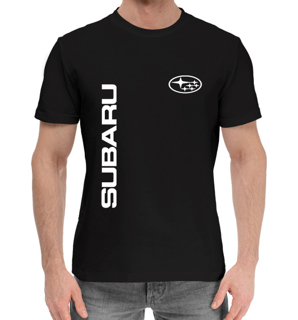 Мужская хлопковая футболка с изображением Subaru цвета Черный