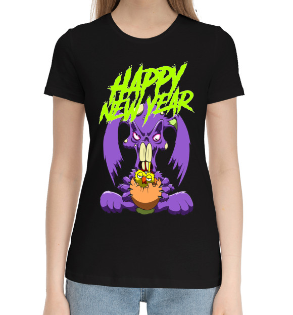 Женская хлопковая футболка с изображением Happy New Year цвета Черный