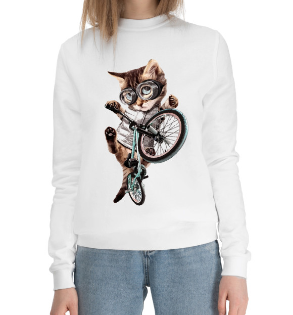 Женский хлопковый свитшот с изображением Кот на BMX цвета Белый