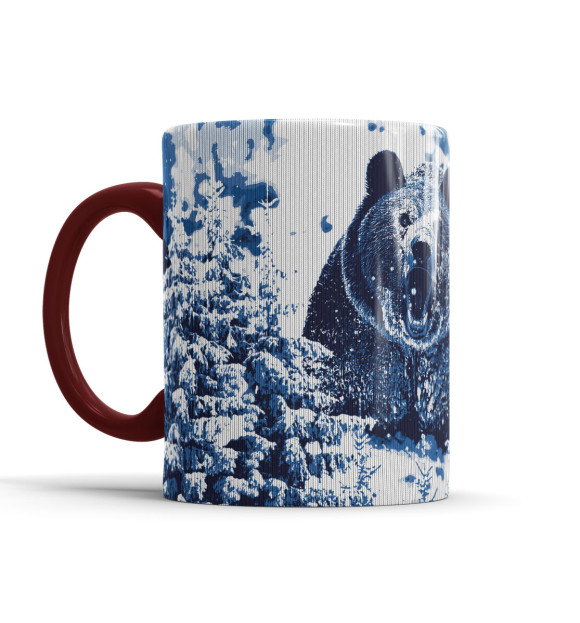 Кружка с изображением Свитер с медведем в зимнем лесу цвета бордовый