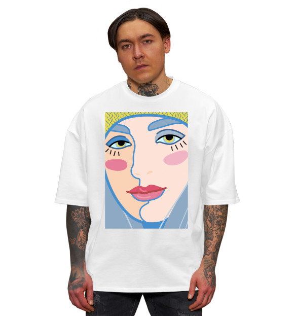 Мужская футболка оверсайз с изображением Женское лицо с яркими губами цвета Белый