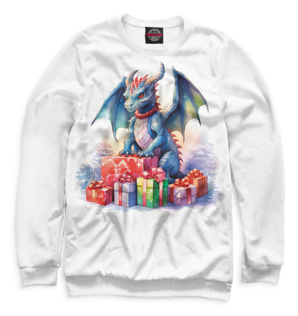 Мужской свитшот с изображением Дракон с подарками цвета Белый