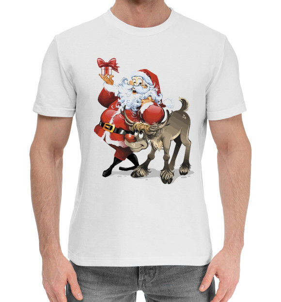 Мужская хлопковая футболка с изображением Дед Мороз и олень цвета Белый