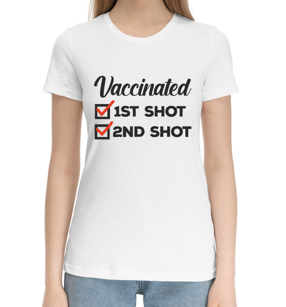 Женская хлопковая футболка с изображением Двойная вакцина цвета Белый