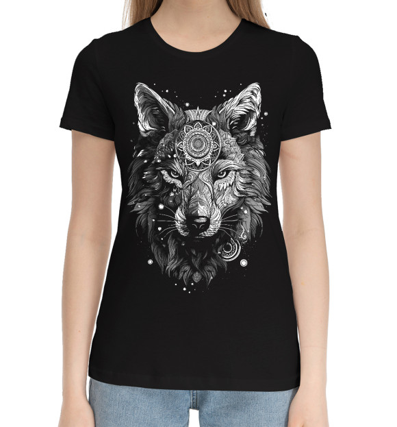 Женская хлопковая футболка с изображением Волк в бирюзовом орнаменте цвета Черный