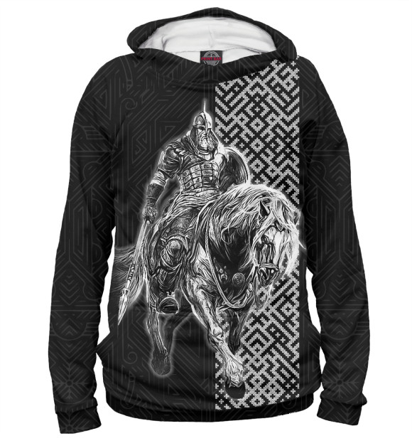 Мужское худи с изображением Русский Богатырь на коне цвета Белый