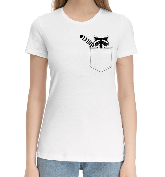 Женская хлопковая футболка с изображением Енот в кармане цвета Белый