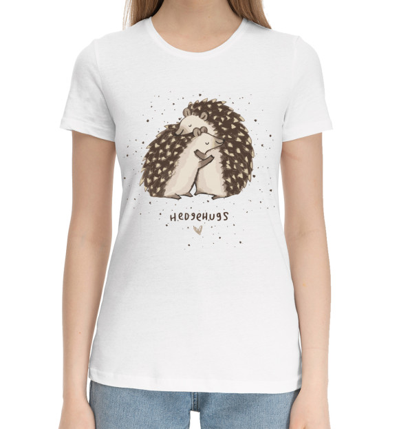 Женская хлопковая футболка с изображением Влюбленные ежики цвета Белый