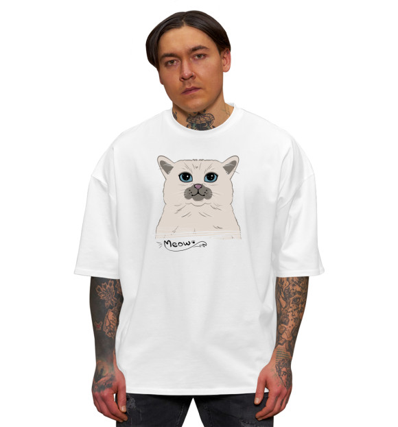 Мужская футболка оверсайз с изображением Кот Meow цвета Белый