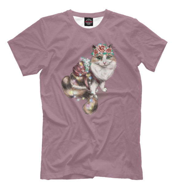 Мужская футболка с изображением Милая кошечка с цветами (розовый фон) цвета Белый