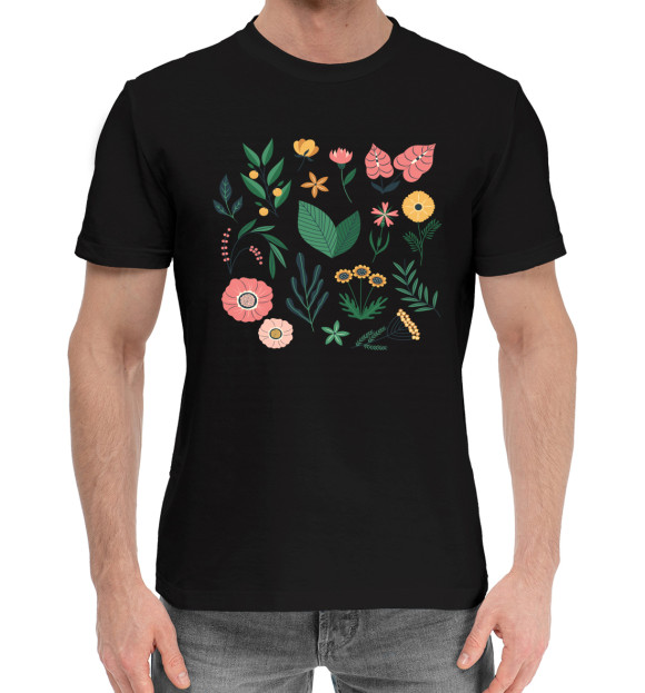 Мужская хлопковая футболка с изображением Растения цвета Черный