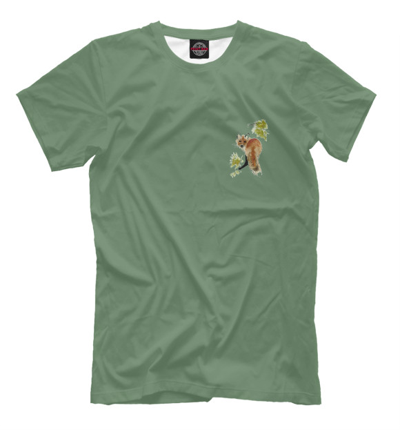 Мужская футболка с изображением Лиса с листочками акварелью цвета Белый