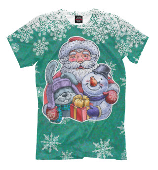 Мужская футболка Дед Мороз со снеговиком и зайцем