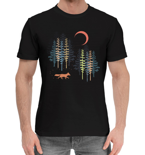 Мужская хлопковая футболка с изображением Moon Forest цвета Черный