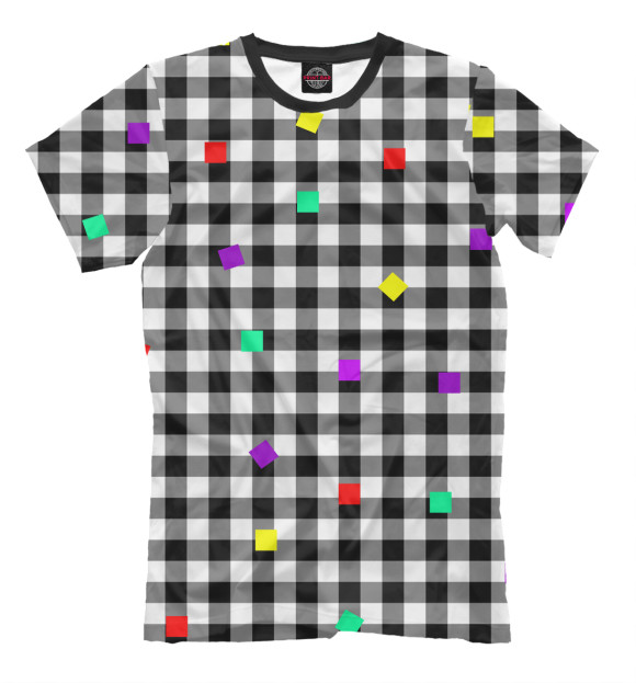 Мужская футболка с изображением Черно-белая клетка и цветные квадраты цвета Белый