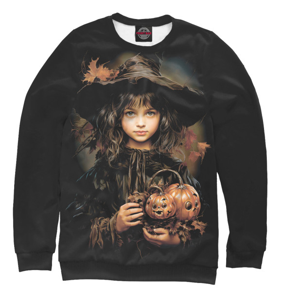 Свитшот для девочек с изображением Маленькая ведьма с тыквами цвета Белый