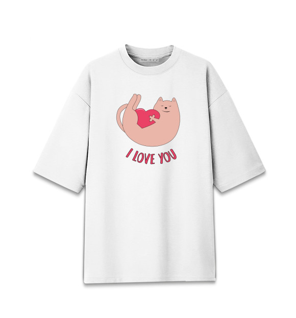 Женская футболка оверсайз с изображением Кот играет с сердцем цвета Белый
