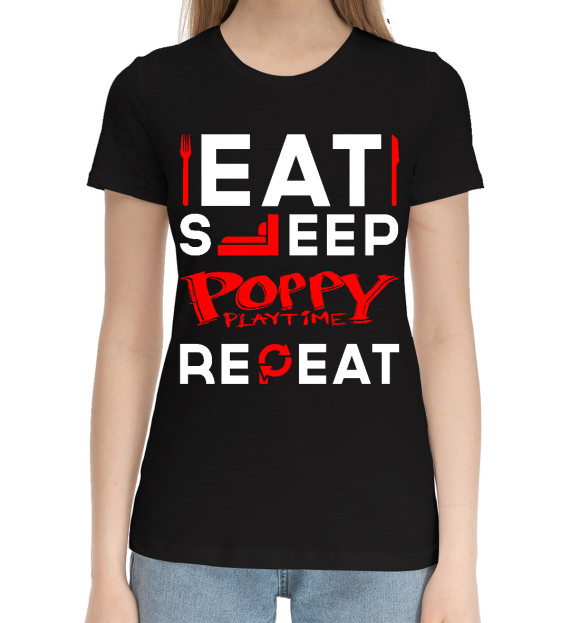 Женская хлопковая футболка с изображением Poppy Playtime Routine цвета Черный