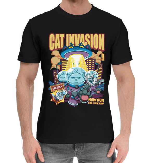 Мужская хлопковая футболка с изображением Cat Invasion: Tesla Gun цвета Черный